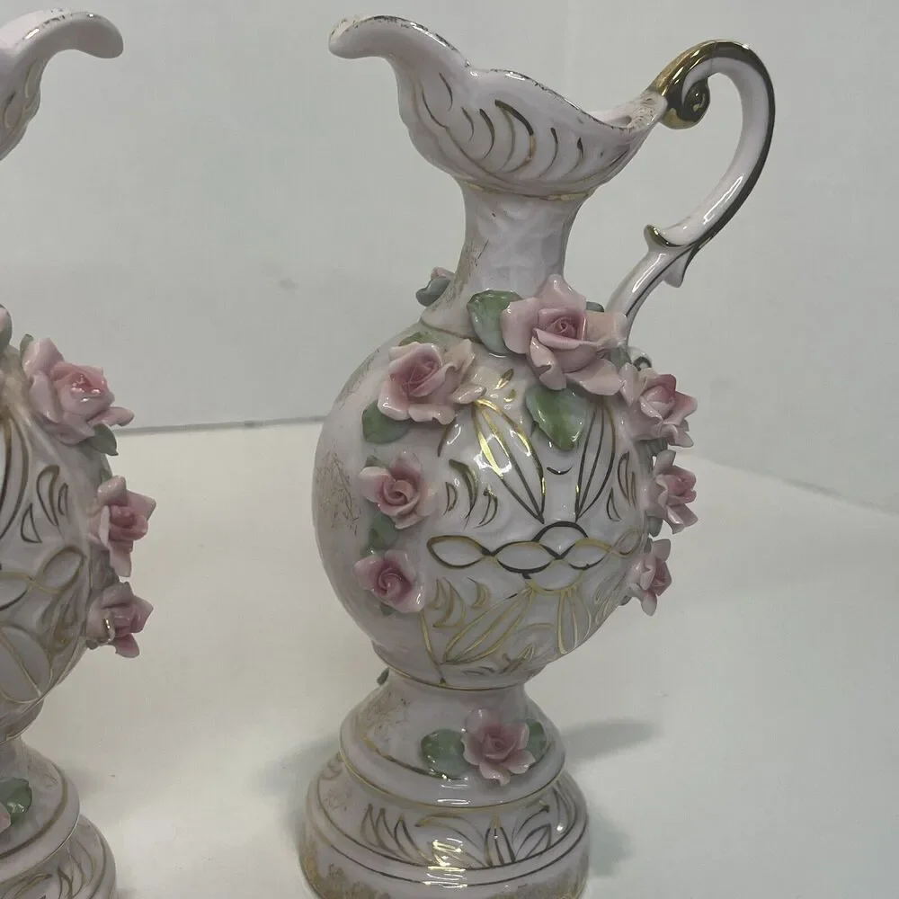 Vintage Lefton China Pink Roses Pitcher Vase Pair See Description